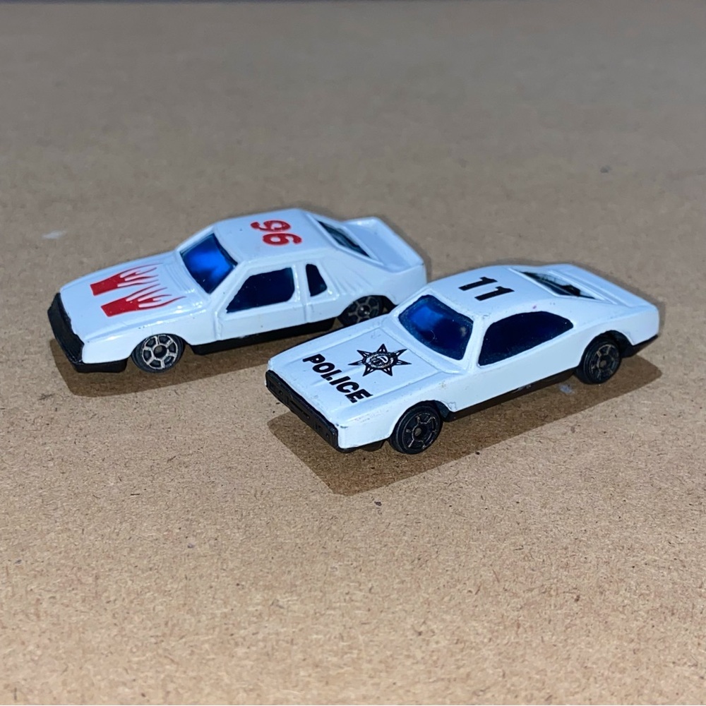 VINTAGE Diecast White Police Car 11 & Racecar W/ Red Flames 96 Toy Lot Of 2ea